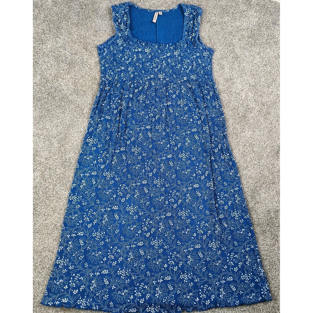 Susan Lawrence Blue Floral Smocked Sleeveless Dress Ruffle Hem XL